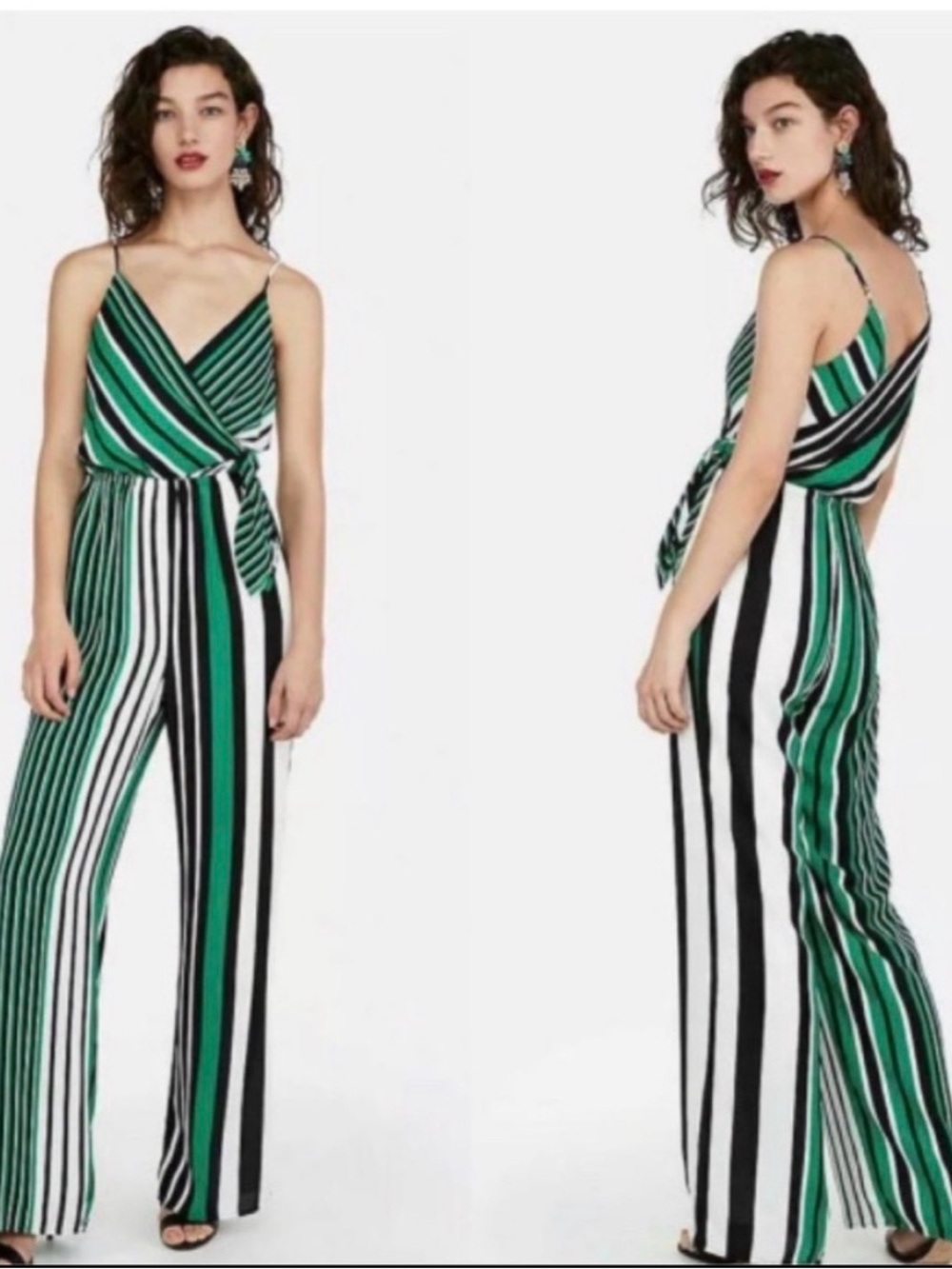 Express Green, Black & White Striped Wrap Jumpsuit